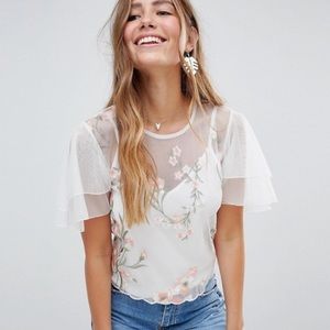 ASOS DESIGN angel sleeve embroidered mesh top cami